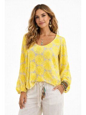 Yellow Sunflower Embroidered Semi Sheer Top Balloon Sleeves Ivy Jane Womens M